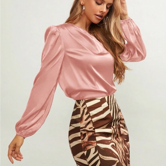 Luxe Satin Asymmetrical Neck Off One Shoulder Long Sleeve Satin Top Blouse - Picture 5 of 16